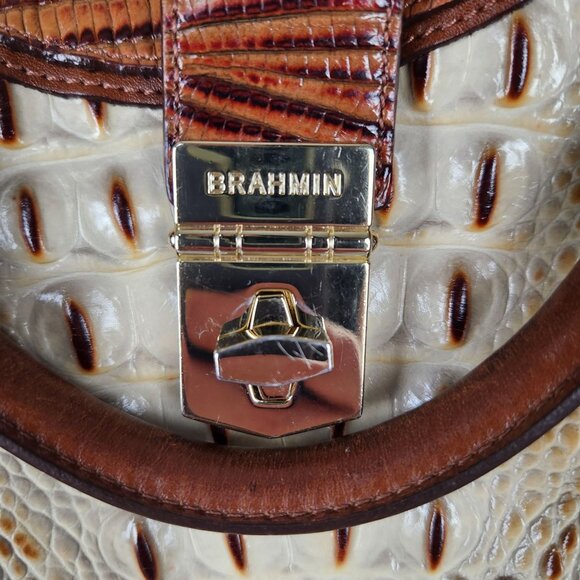 Brahmin Elisa Hobo Shoulder Bag Brown Cream Croc Embossed Leather Gold Hardware - Picture 3 of 16